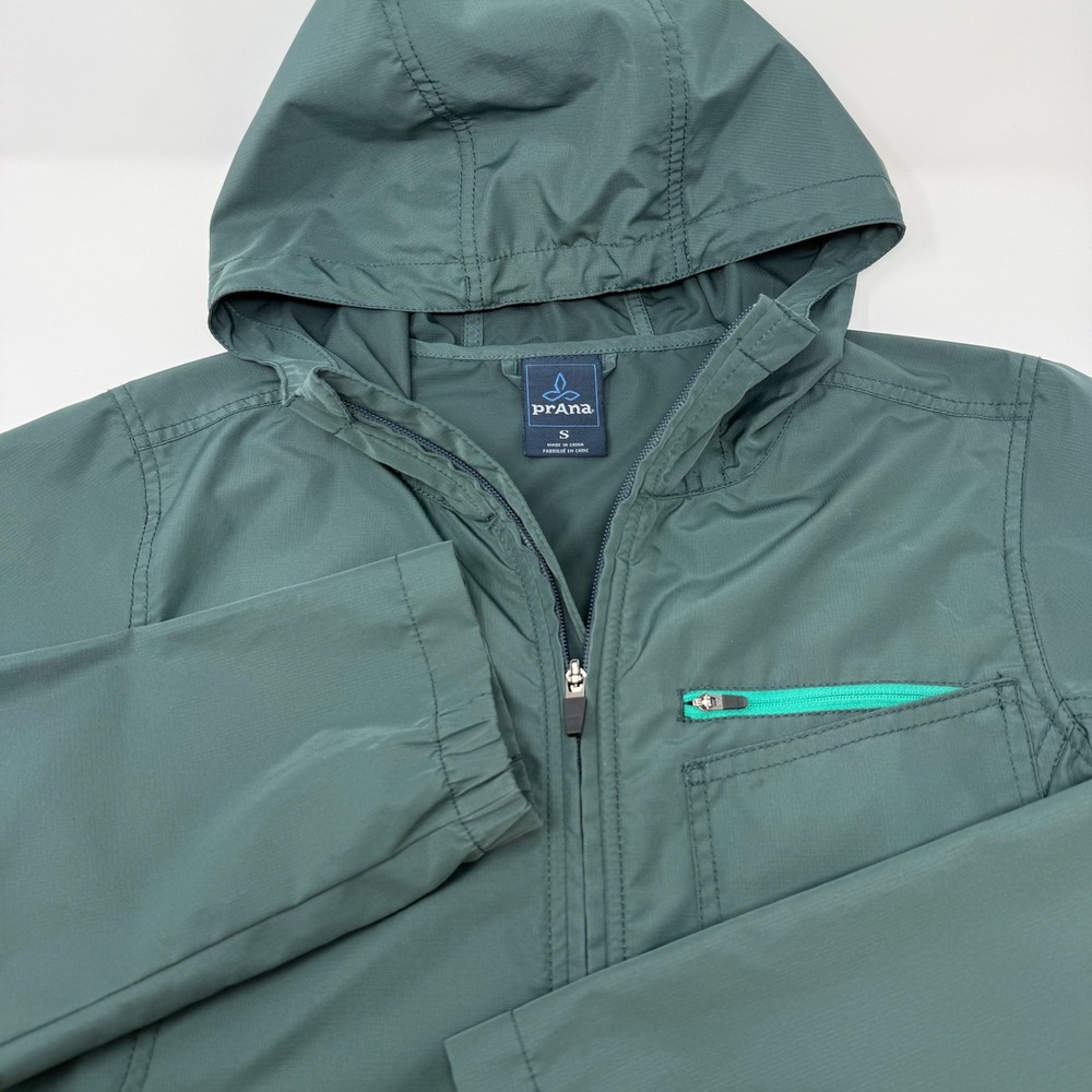 Prana Mens Small Hooded Windbreaker Jacket Green Full Zip Mesh‎ Lined Outdoor